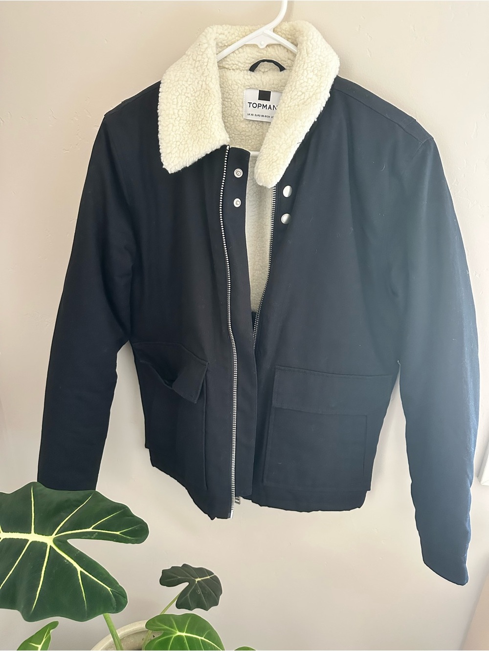 Topman Black Bomber Jacket with Cream Sherpa Collar